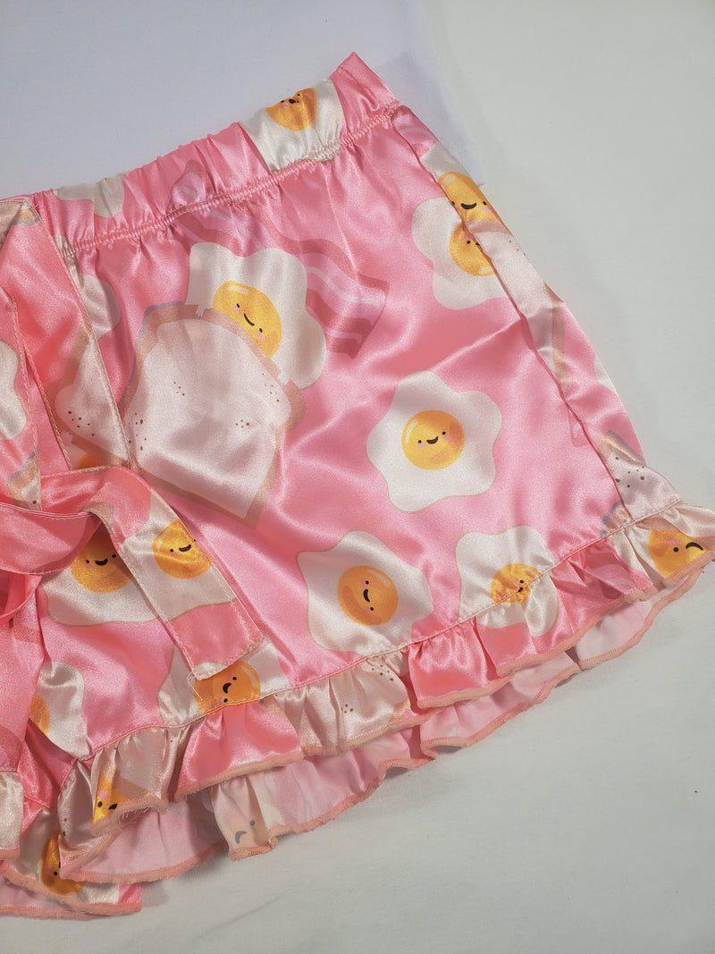 Women's Mellow pajama set pink satin shorts fried eggs and toast theme white blouse - Princess Pajamas