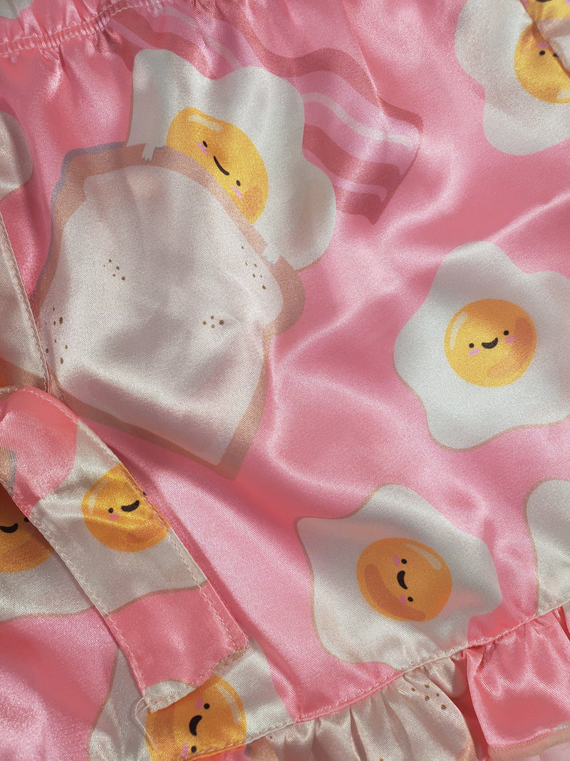 Women's Mellow pajama set pink satin shorts fried eggs and toast theme white blouse - Princess Pajamas