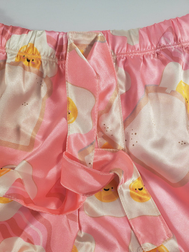 Women's Mellow pajama set pink satin shorts fried eggs and toast theme white blouse - Princess Pajamas