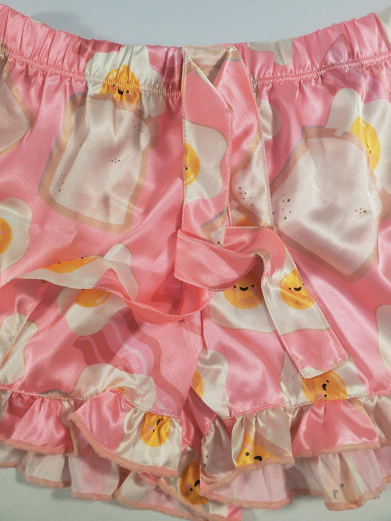 Women's Mellow pajama set pink satin shorts fried eggs and toast theme white blouse - Princess Pajamas