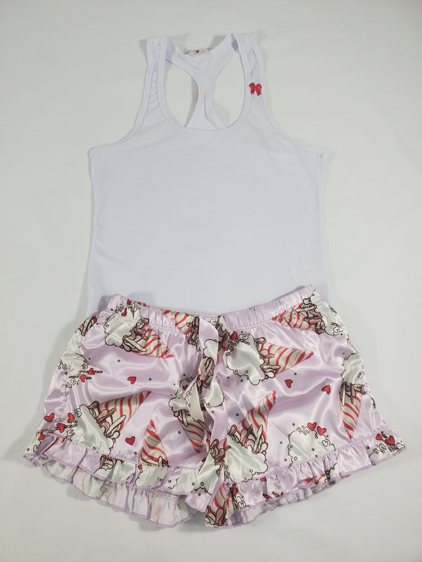 Women's Mellow pajama set pink satin shorts ice cream cones and hearts theme white blouse - Princess Pajamas