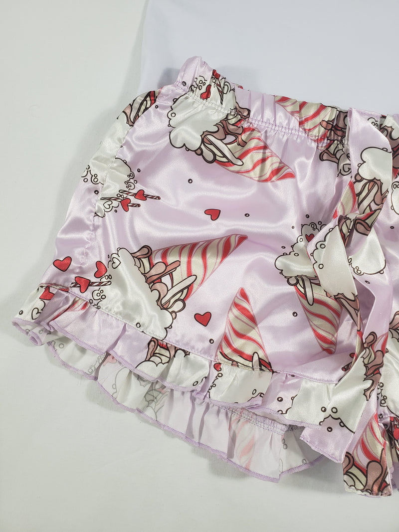 Women's Mellow pajama set pink satin shorts ice cream cones and hearts theme white blouse - Princess Pajamas