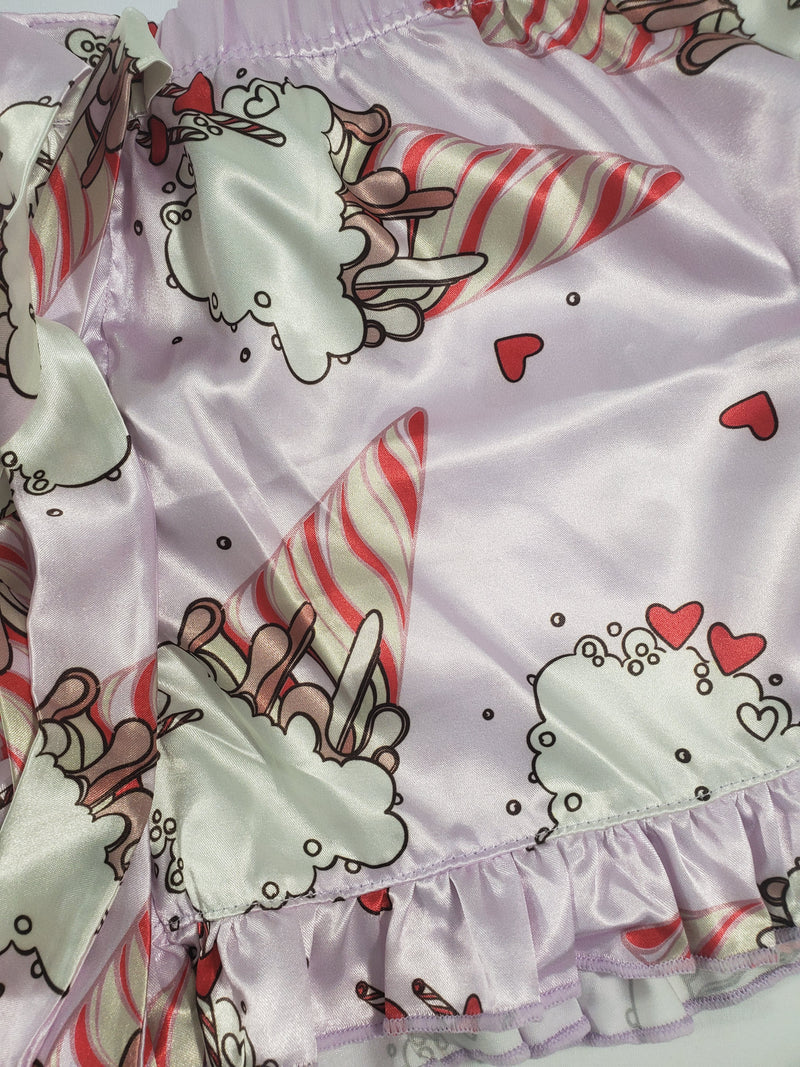 Women's Mellow pajama set pink satin shorts ice cream cones and hearts theme white blouse - Princess Pajamas