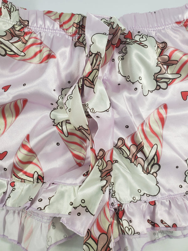 Women's Mellow pajama set pink satin shorts ice cream cones and hearts theme white blouse - Princess Pajamas