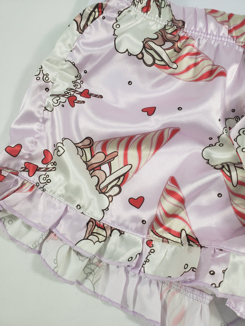 Women's Mellow pajama set pink satin shorts ice cream cones and hearts theme white blouse - Princess Pajamas