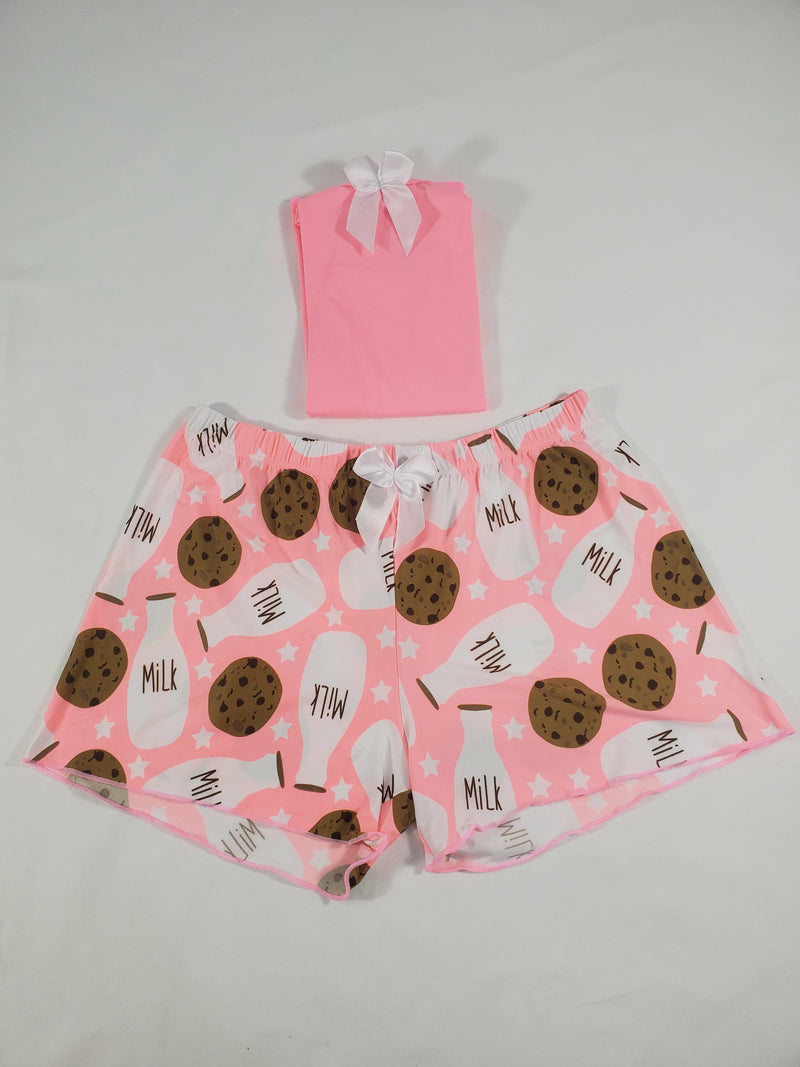 Women's Classic pajama set XL pink shorts milk and cookies theme pink blouse - Princess Pajamas