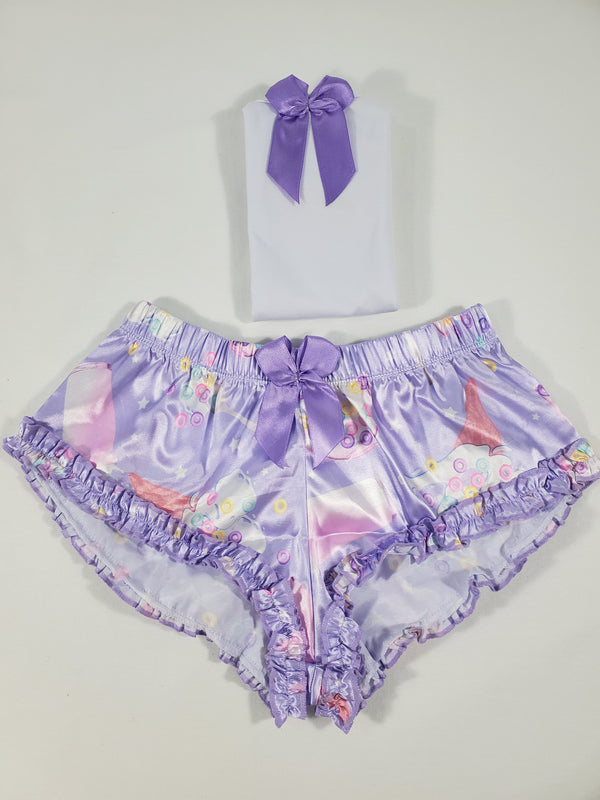 Women's Sexy pajama purple satin shorts ice cream cereal and milk theme white blouse - Princess Pajamas