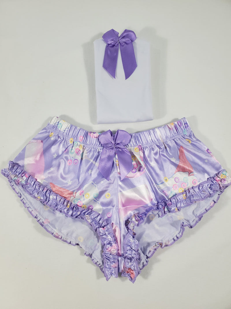 Women's Sexy pajama purple satin shorts ice cream cereal and milk theme white blouse - Princess Pajamas