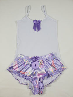 Women's Sexy pajama purple satin shorts ice cream cereal and milk theme white blouse - Princess Pajamas