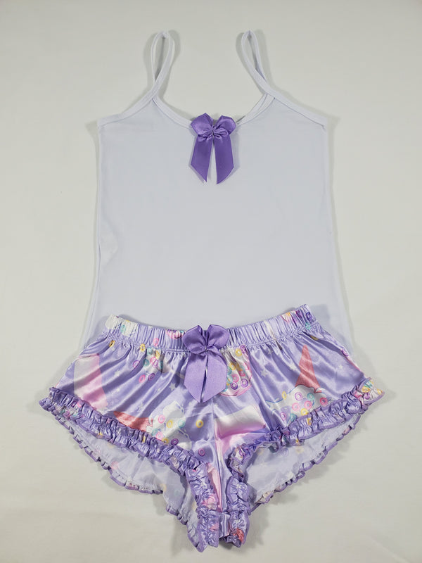 Women's Sexy pajama purple satin shorts ice cream cereal and milk theme white blouse - Princess Pajamas