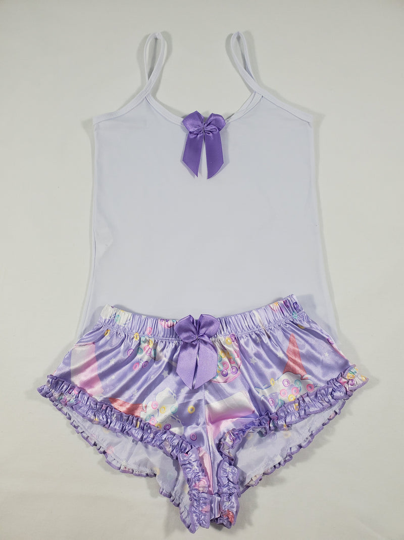 Women's Sexy pajama purple satin shorts ice cream cereal and milk theme white blouse - Princess Pajamas