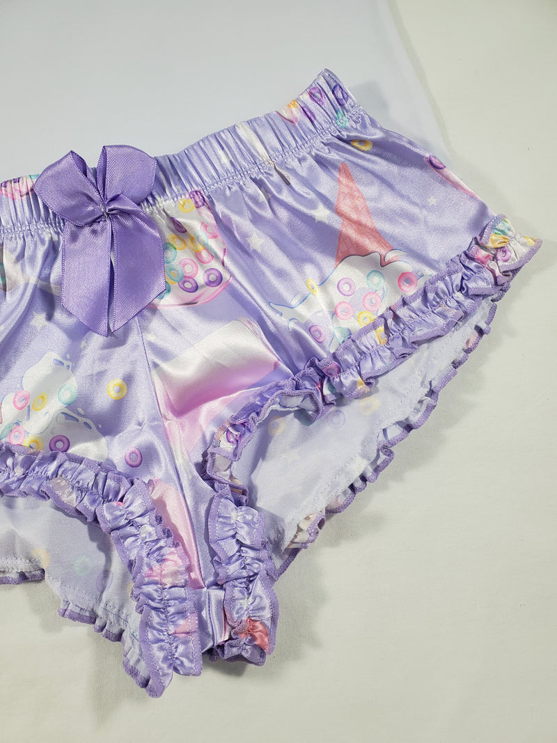 Women's Sexy pajama purple satin shorts ice cream cereal and milk theme white blouse - Princess Pajamas
