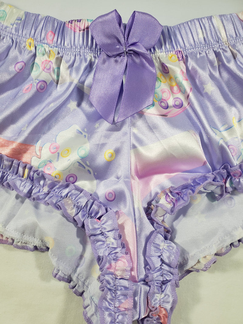 Women's Sexy pajama purple satin shorts ice cream cereal and milk theme white blouse - Princess Pajamas