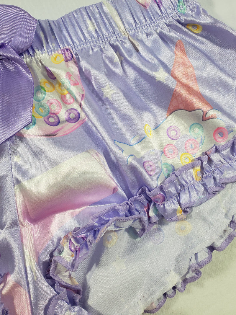 Women's Sexy pajama purple satin shorts ice cream cereal and milk theme white blouse - Princess Pajamas