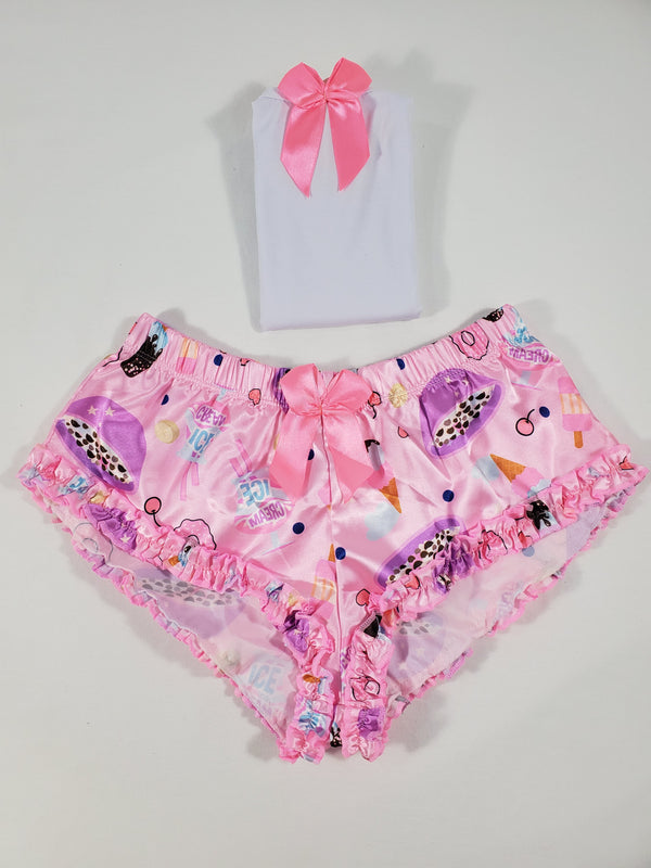Women's Sexy pajama pink satin shorts cereal and desserts theme white blouse - Princess Pajamas