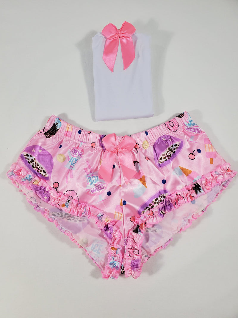Women's Sexy pajama pink satin shorts cereal and desserts theme white blouse - Princess Pajamas