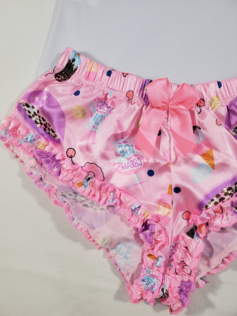 Women's Sexy pajama pink satin shorts cereal and desserts theme white blouse - Princess Pajamas