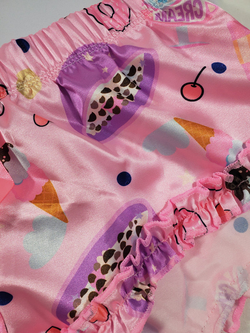 Women's Sexy pajama pink satin shorts cereal and desserts theme white blouse - Princess Pajamas