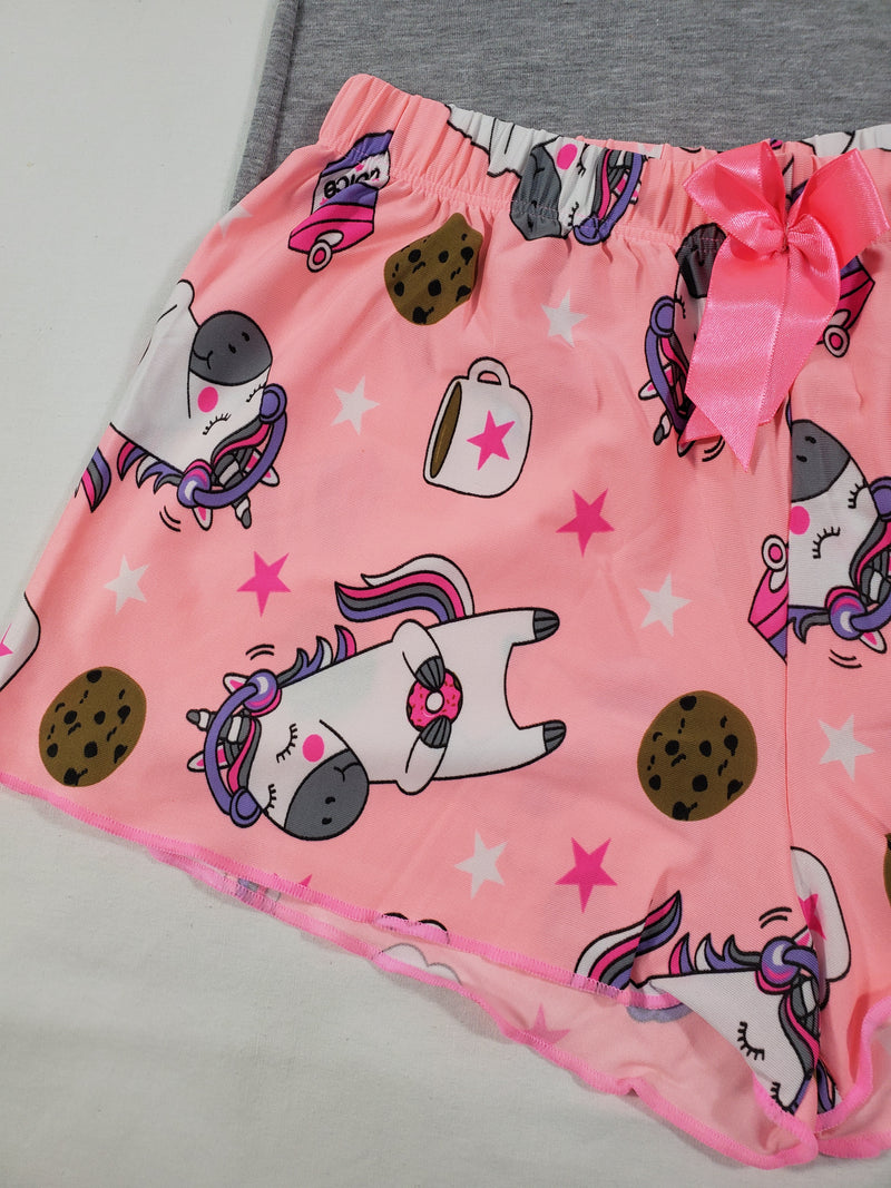 Women's Pink Classic pajamas shorts unicorn and cookies theme gray blouse - Princess Pajamas