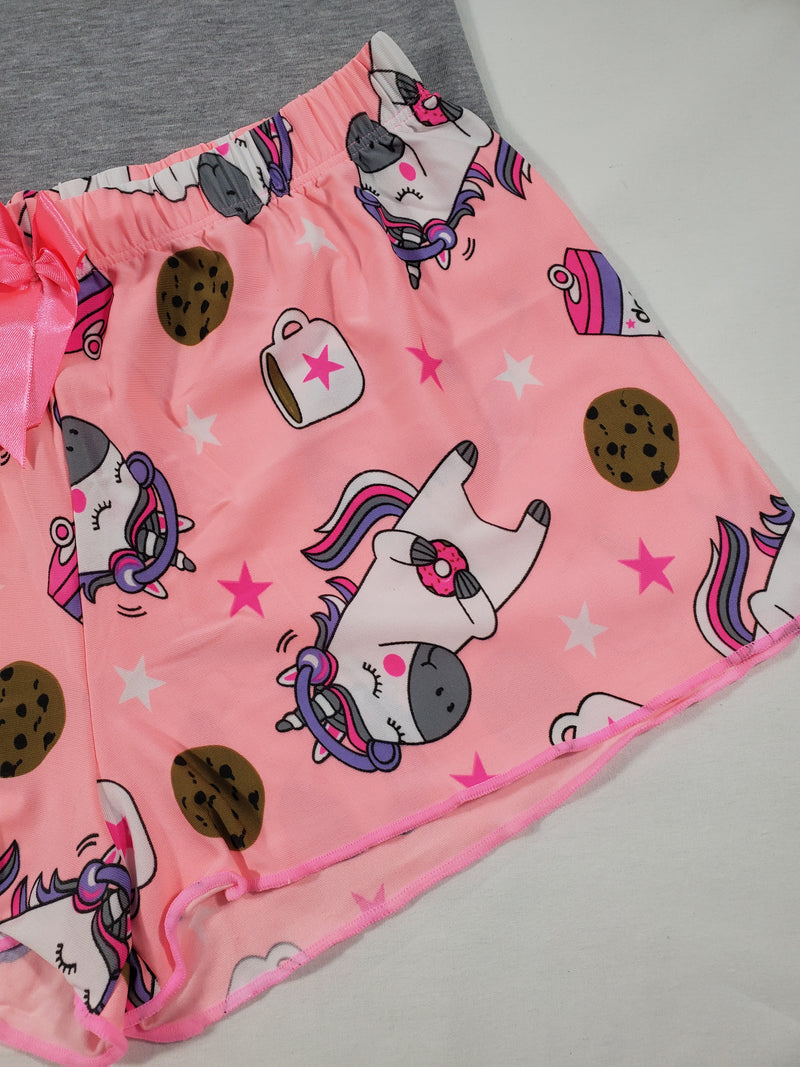 Women's Pink Classic pajamas shorts unicorn and cookies theme gray blouse - Princess Pajamas