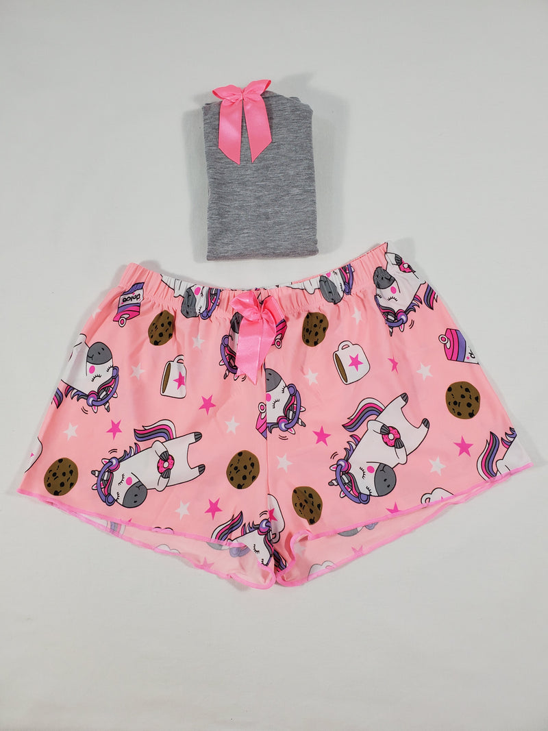 Women's Pink Classic pajamas shorts unicorn and cookies theme gray blouse - Princess Pajamas