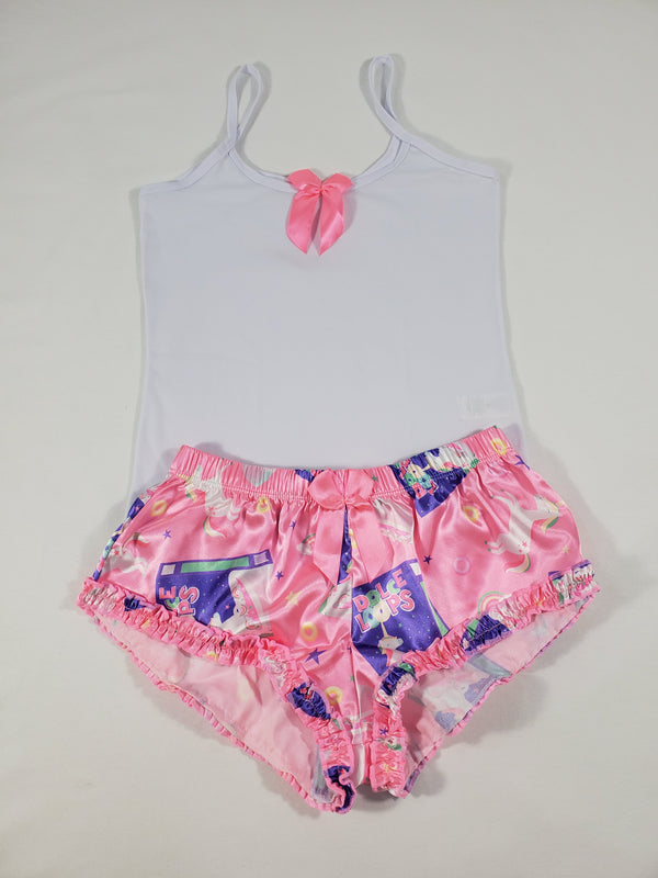 Women's Sexy pajama pink satin shorts breakfast cereal and unicorn theme white blouse - Princess Pajamas