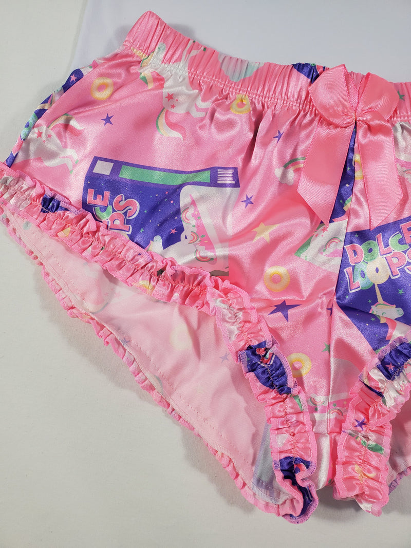 Women's Sexy pajama pink satin shorts breakfast cereal and unicorn theme white blouse - Princess Pajamas