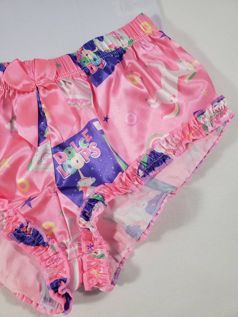 Women's Sexy pajama pink satin shorts breakfast cereal and unicorn theme white blouse - Princess Pajamas