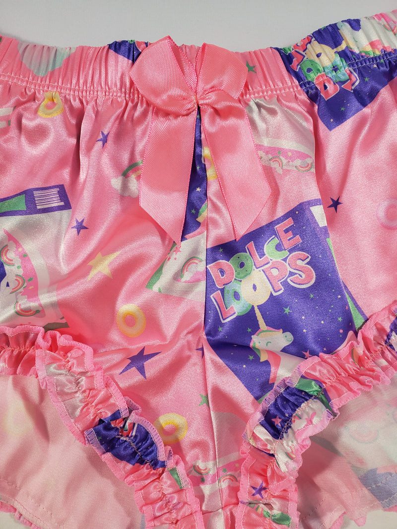 Women's Sexy pajama pink satin shorts breakfast cereal and unicorn theme white blouse - Princess Pajamas