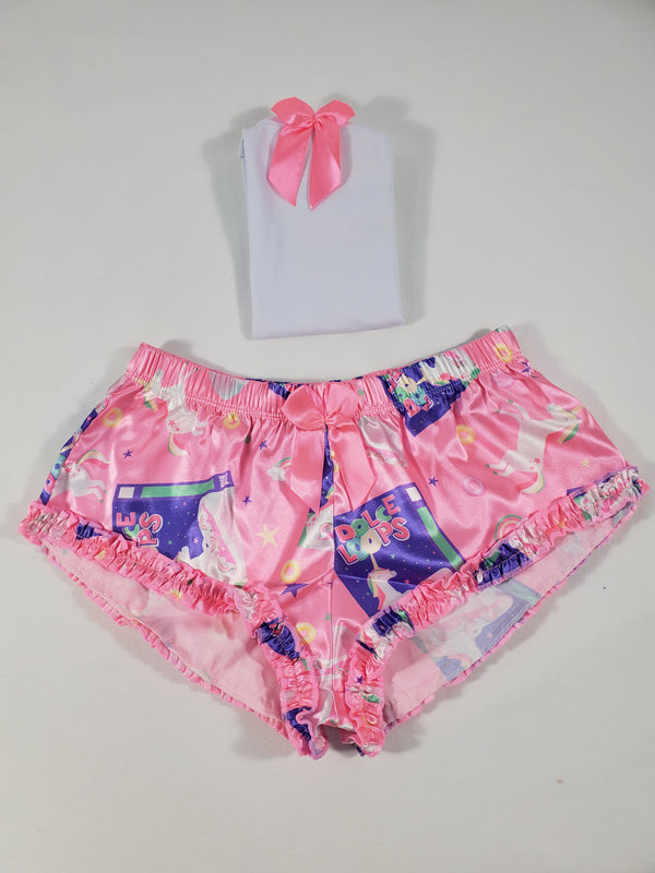 Women's Sexy pajama pink satin shorts breakfast cereal and unicorn theme white blouse - Princess Pajamas