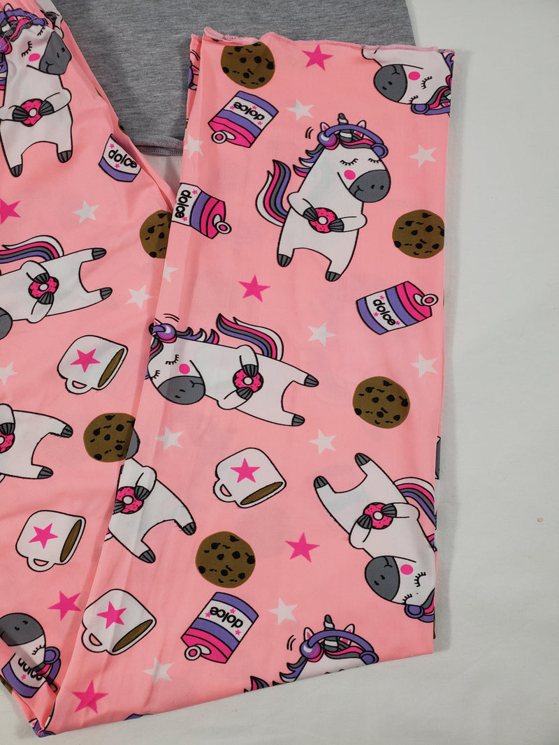 Women's Pajama set pink pants unicorns and cookies theme gray blouse - Princess Pajamas