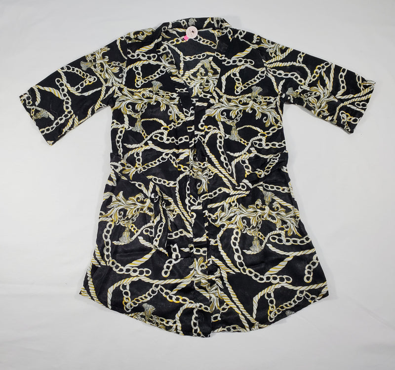 Women's Black satin silk robe silver and gold chains and tassels theme - Princess Pajamas