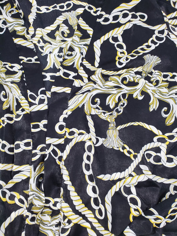 Women's Black satin silk robe silver and gold chains and tassels theme - Princess Pajamas