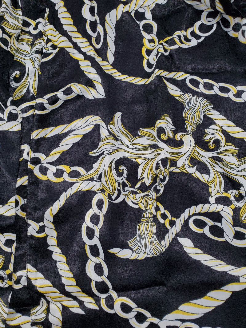 Women's Black satin silk robe silver and gold chains and tassels theme - Princess Pajamas