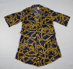 Women's Navy Blue satin silk robe gold chains and tassels theme - Princess Pajamas