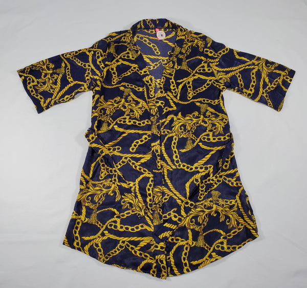 Women's Navy Blue satin silk robe gold chains and tassels theme - Princess Pajamas