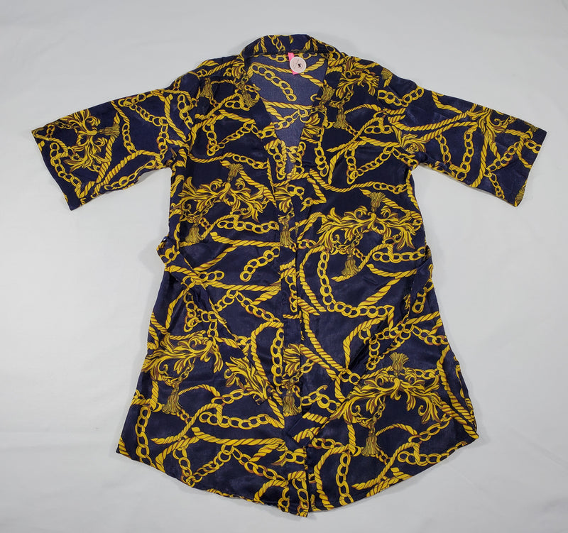 Women's Navy Blue satin silk robe gold chains and tassels theme - Princess Pajamas
