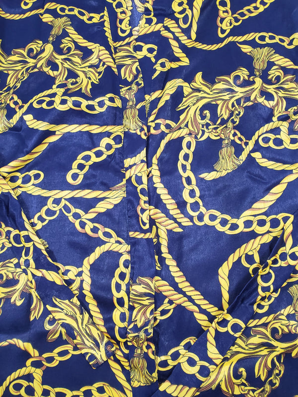 Women's Navy Blue satin silk robe gold chains and tassels theme - Princess Pajamas