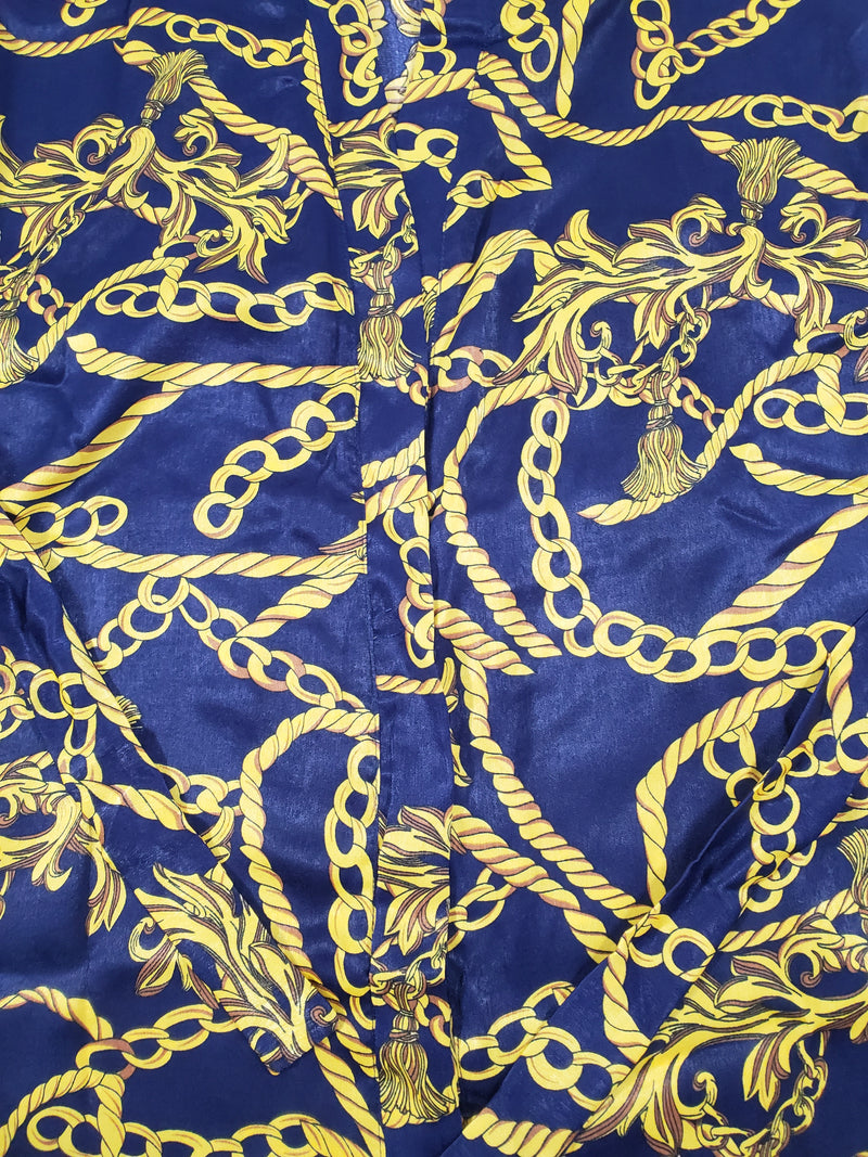Women's Navy Blue satin silk robe gold chains and tassels theme - Princess Pajamas