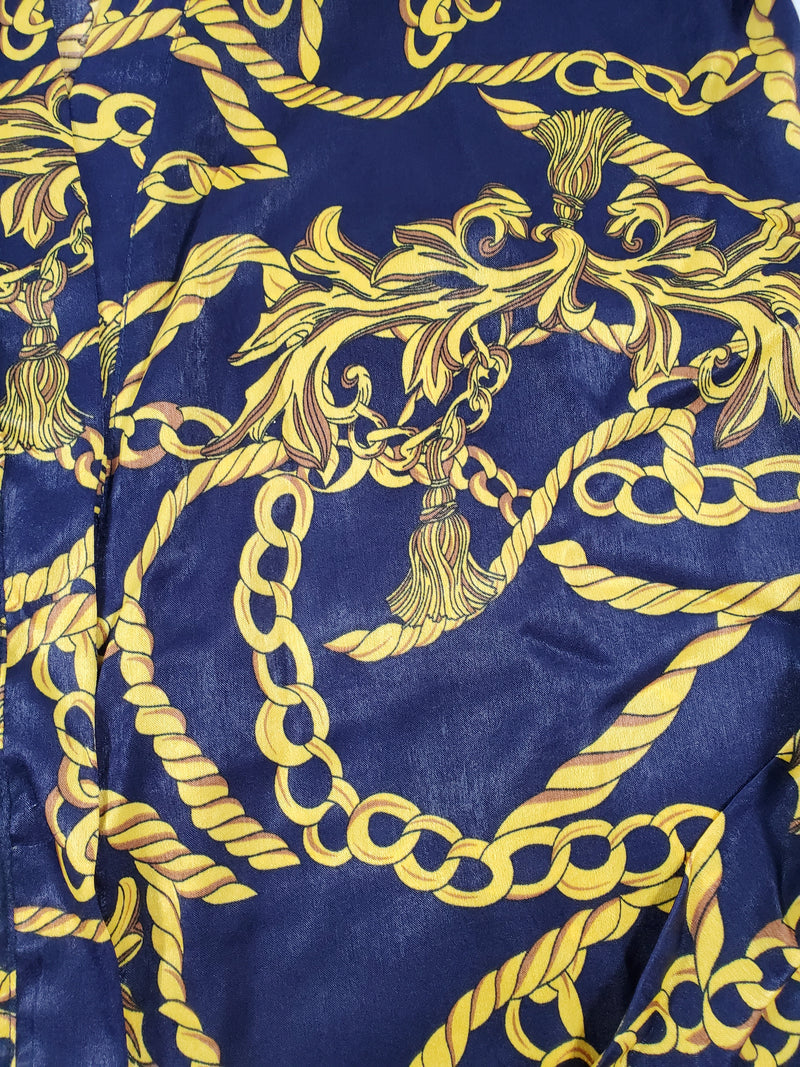 Women's Navy Blue satin silk robe gold chains and tassels theme - Princess Pajamas