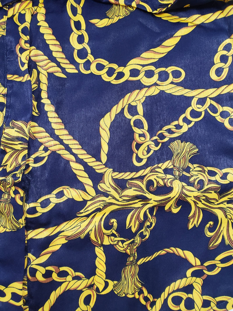 Women's Navy Blue satin silk robe gold chains and tassels theme - Princess Pajamas