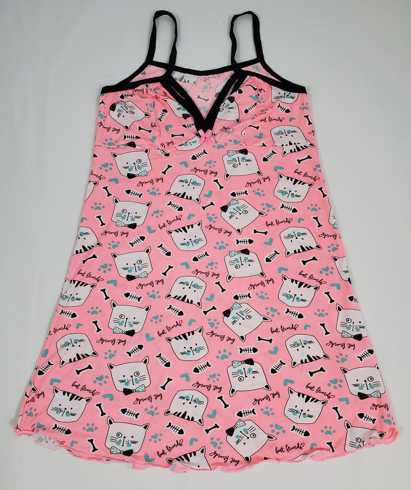 Pink Women's nightie black trim kitten theme - Princess Pajamas