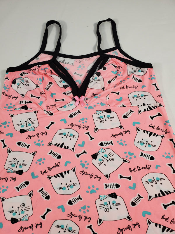 Pink Women's nightie black trim kitten theme - Princess Pajamas