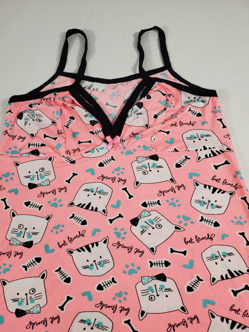 Pink Women's nightie black trim kitten theme - Princess Pajamas
