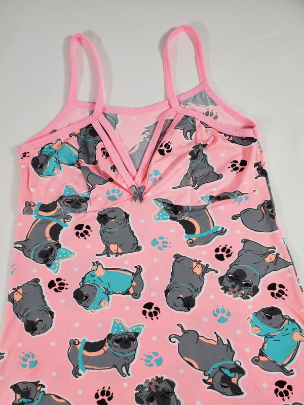 Pink Women's nightie pink trim puppies paw prints hearts theme - Princess Pajamas