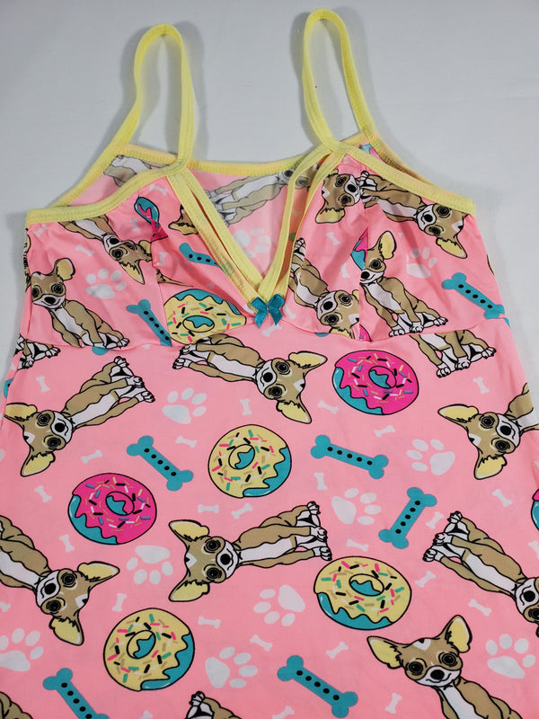 Pink Women's nightie white trim puppies and donuts theme - Princess Pajamas