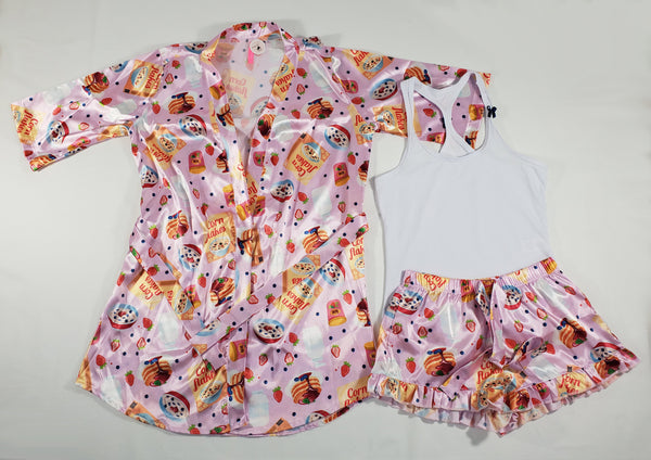 Women's 3-piece set pink satin robe shorts cereal theme classic white blouse - Princess Pajamas