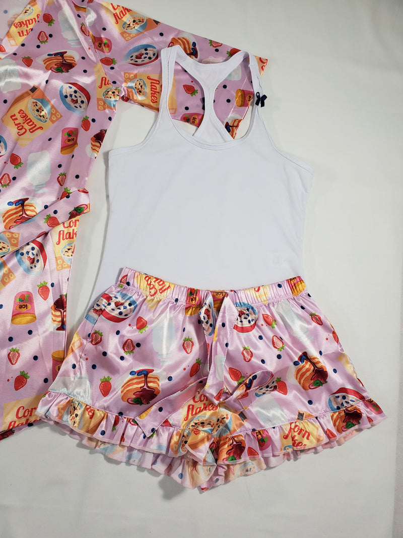 Women's 3-piece set pink satin robe shorts cereal theme classic white blouse - Princess Pajamas