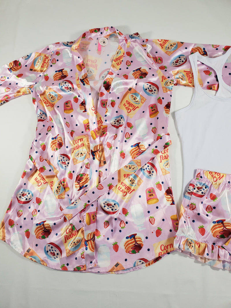 Women's 3-piece set pink satin robe shorts cereal theme classic white blouse - Princess Pajamas