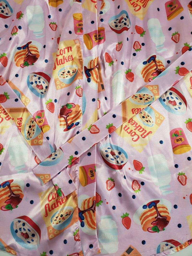 Women's 3-piece set pink satin robe shorts cereal theme classic white blouse - Princess Pajamas